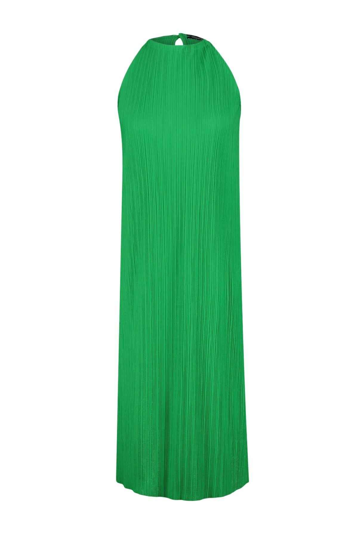 Green Shift/plain Zero Sleeve Midi Pleated Knit Dress Twoss23el00752