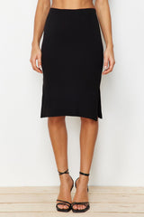 Black Double Slit Body-fitting High Waist Ribbed Flexible Midi Knit Skirt Twoss22et0250