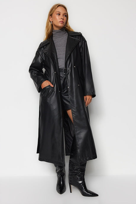 Black Oversize Wide Cut Belted Faux Leather Trench Coat Twoaw23tr00016