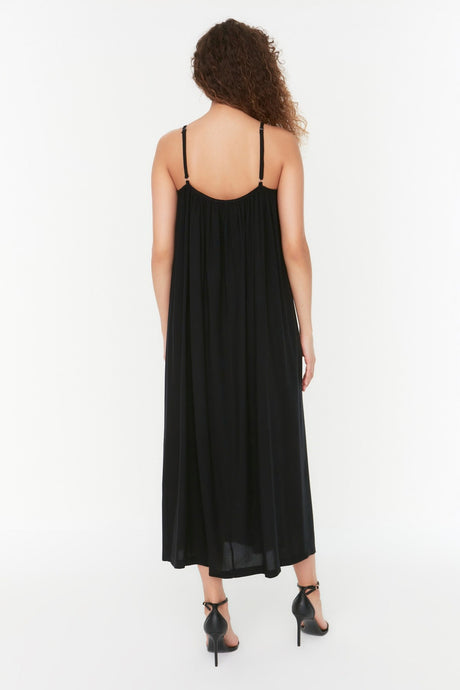 Black Shift/straight Cut Viscose Strappy Maxi Woven Dress Twoss22el00068