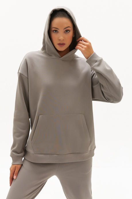 Women's Dark Beige Inner Polar Hooded Solid Color Winter Thick Kangaroo Pocket Casual Sports Sweatsh