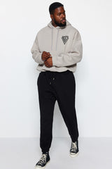 Black Men's Plus Size Regular/regular Fit Casual Rubber Leg Basic Inside Soft Feather Tracksuit Bott