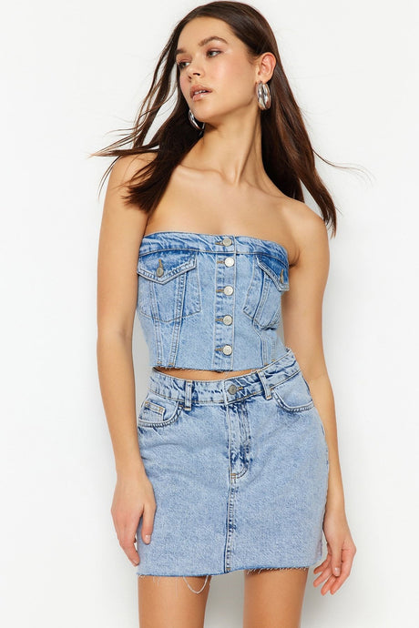 Blue Stitching Detailed Strapless Denim Bustier Twoss23bs00008