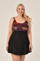 Women's Plus Size Black Mixed Pattern Jumper Interlock Adjustable Strap Stylish Dress Swimsuit 20231