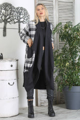 Black And White Handkerchief Collar Long Sleeve Plaid Double Pockets Long Fit Woven Slipknot Coat M1