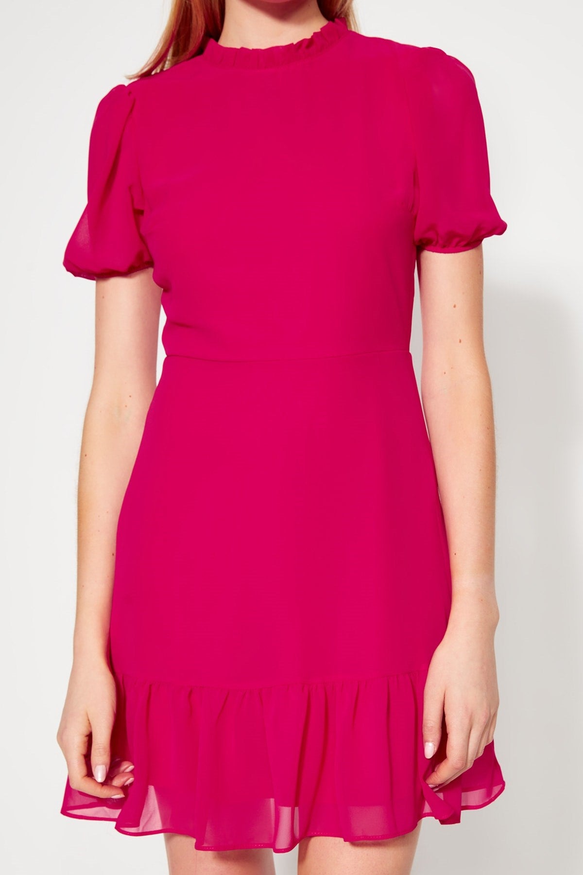 Fuchsia A-cut Ruffle Chiffon Lined Woven Woven Dress Twoss23el00520