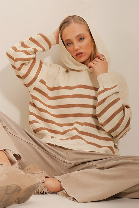 Women's Brown Hooded Striped Winter Knitwear Sweater Alc-x10945