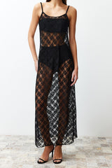 Black Lace Straps Body Sitting Flexible Knitted Maxi Pencil Dress Twoss24el00574