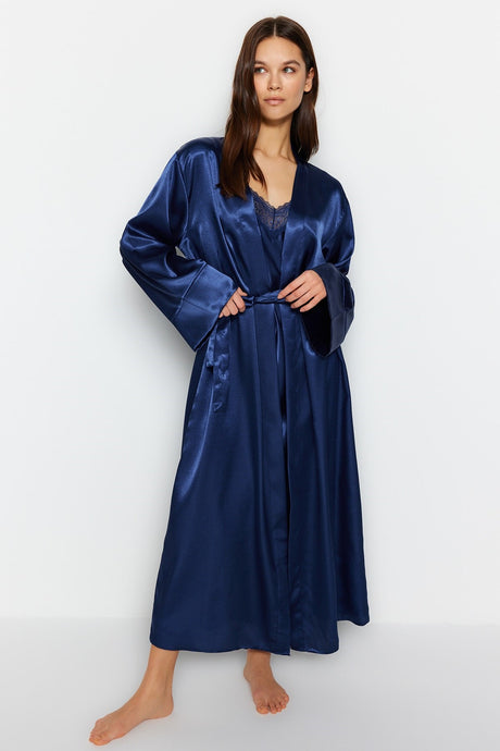 Indigo Belted Satin Woven Dressing Gown Thmss23sb00006