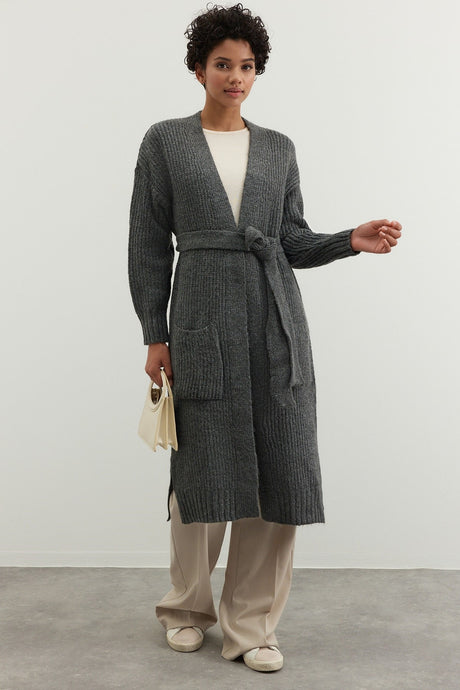 Long Thessaloniki Knit Sweater Cardigan With Anthracite Belt Tctaw24th00016