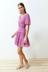 Pink Waist Flounce Chiffon Lined Mini Woven Dress Twoss24el00634