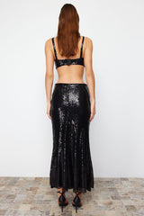 Black Sequin Long Woven Skirt Tprss24et00011