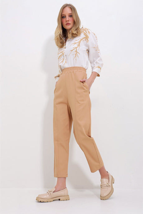 Women's Camel 3 Pockets Waist Elastic Front Stitched Gabardine Pants Alc-x11417