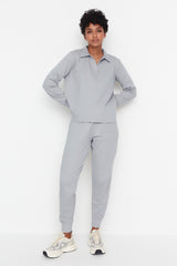 Grey Regular/regular Pattern Polo Neck Slim Knitted Tracksuit Twoaw23em00032