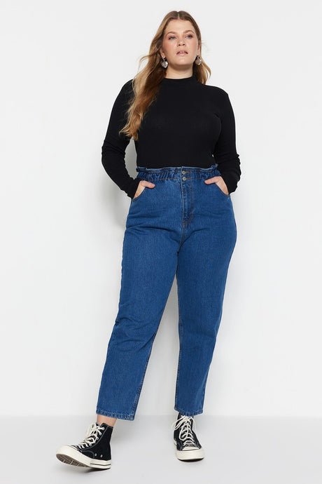 Black High Waist Elastic Waist Mom Jeans Tbbaw23je00002