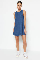 Dark Blue Pleated Denim Dress Twoss23el01942