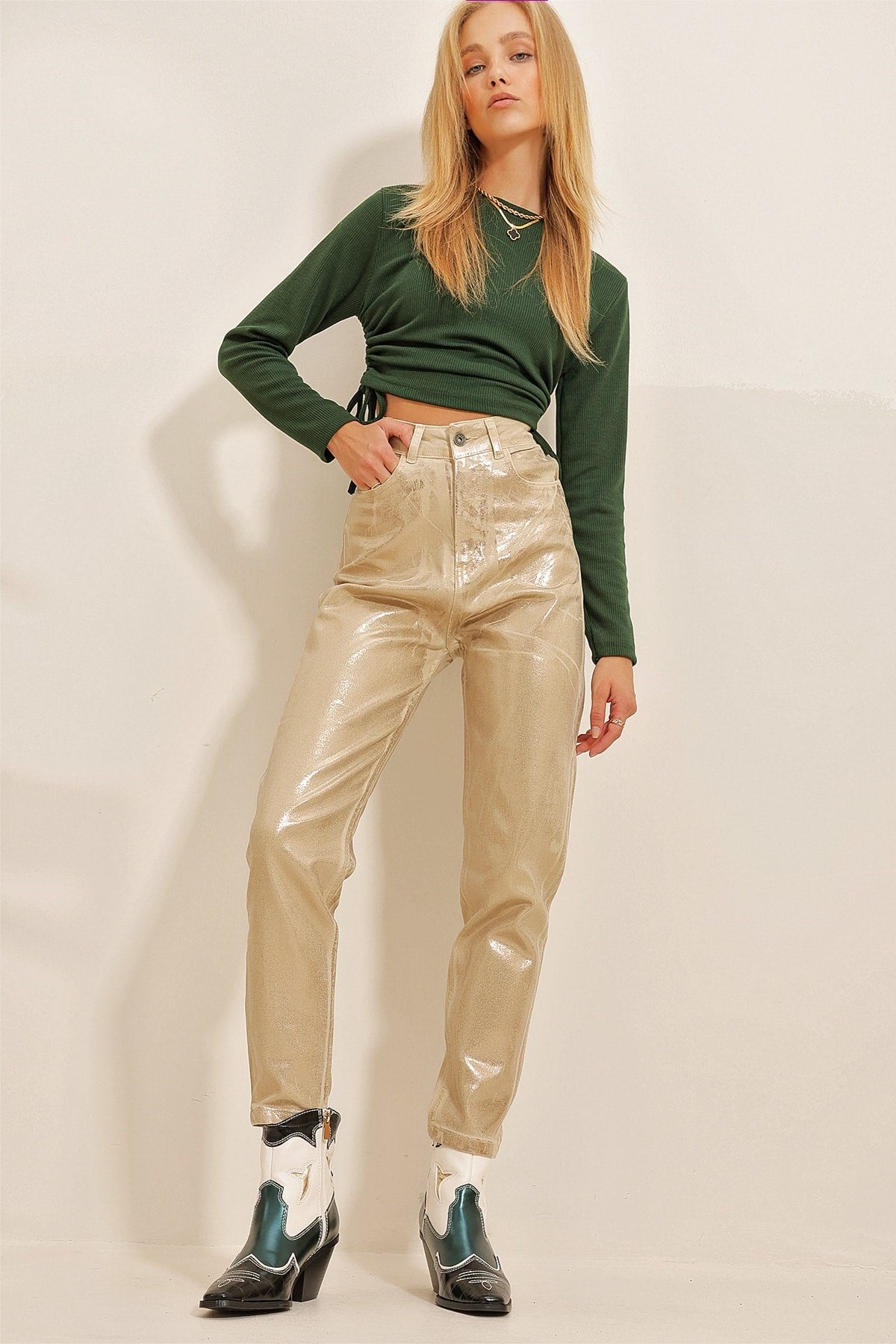 Women's Gold Gold Plastering Mom Jeans Pants Alc-x10862