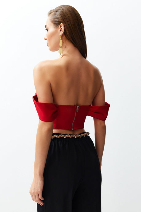 Red Carmen Collar Crop Woven Bustier Tprss24bs00019