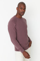 Grey Men's Slim Fit Crew Neck Raglan Sleeve Textured Wool Blended Knitwear Sweater Tmnaw22kz0290