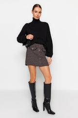 Brown Tweed Fabric Pocket And Button Detail Plaid Pattern Mini Woven Skirt Twoaw24et00220