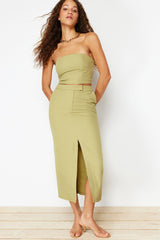 Khaki Premium Straight Front Slit Midi Length Woven Skirt Twoss24et00071