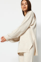 Beige Wide Pattern Balloon Sleeve Knitwear Bottom-top Suit Twoaw24au00067