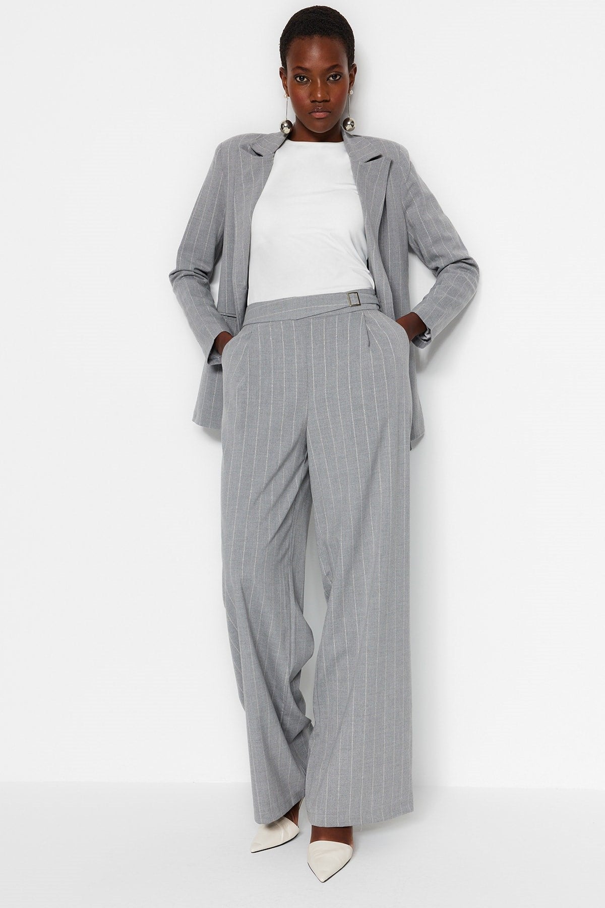 Grey Wide Leg/wide Leg Sim Detailed Woven Striped Pants Twoss23pl00223