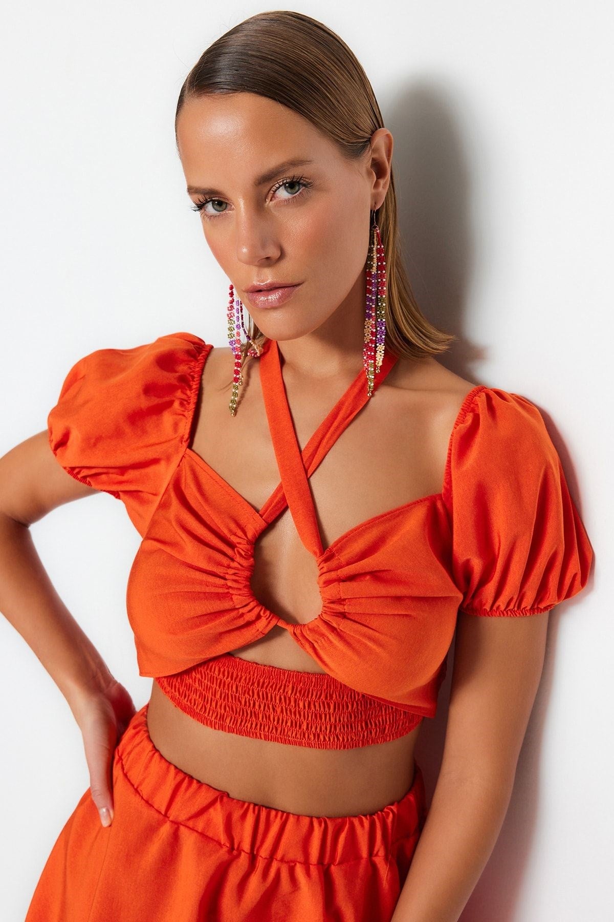 Orange Woven Cut Out/window Blouse Skirt Set Tbess23au00180