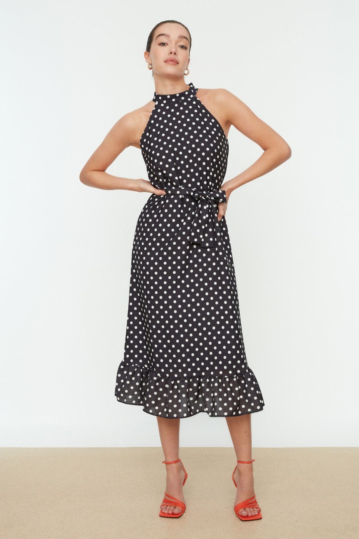 Black Belted Polka Dot A Cut Midi Woven Dress Twoss19yd0032