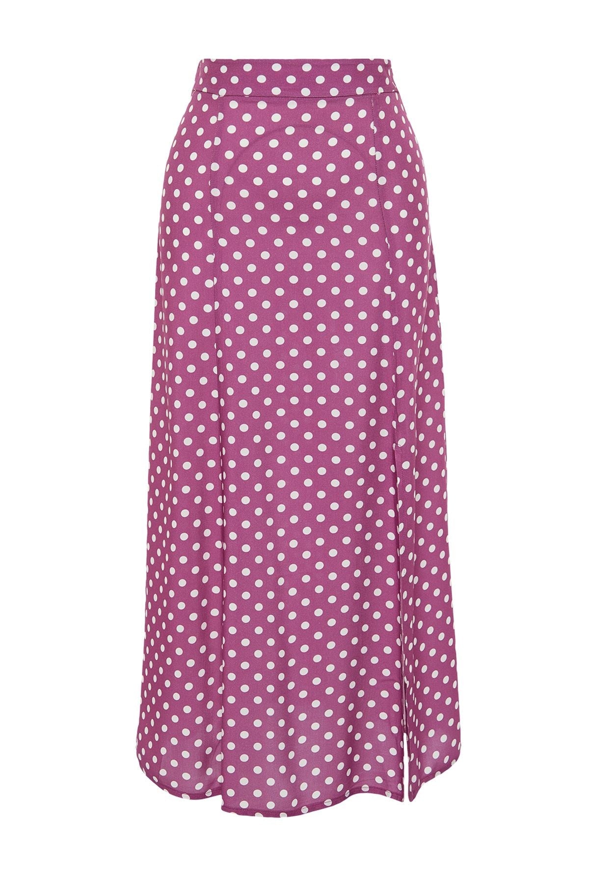 Black Polka Dot Slit Detail Viscose Fabric Midi Woven Skirt Twoaw20et0205