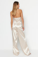 Beige Loose Leg Satin Pants Tprss23pl00001