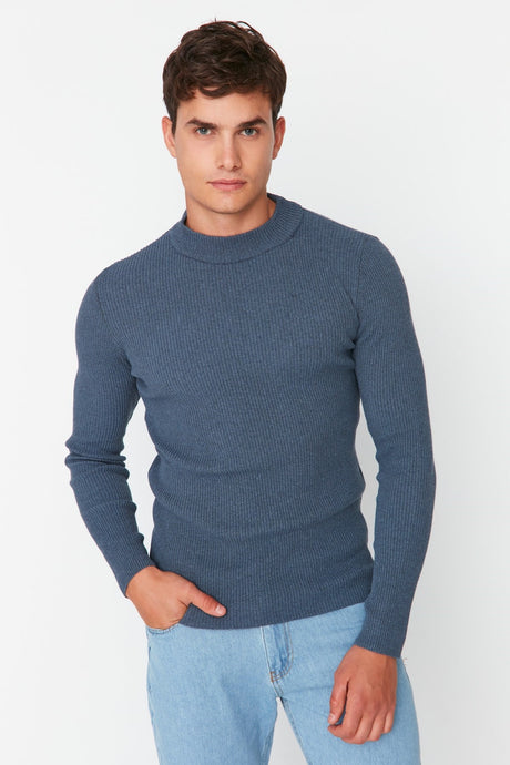 Brown Men's Fitted Slim Fit Half Turtleneck Ribbed Knitwear Sweater Tmnaw21kz0568