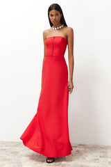 Red Buttoned Woven Long Evening Dress Tprss24ae00095