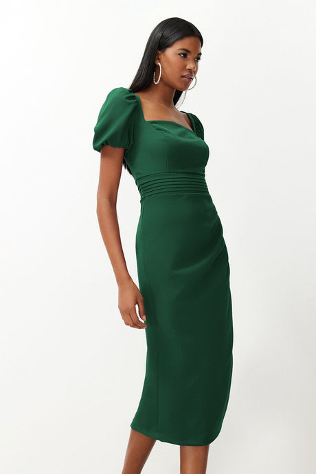 Emerald Green Waist Detailed Body Sitting Woven Dress Tprss24el00158