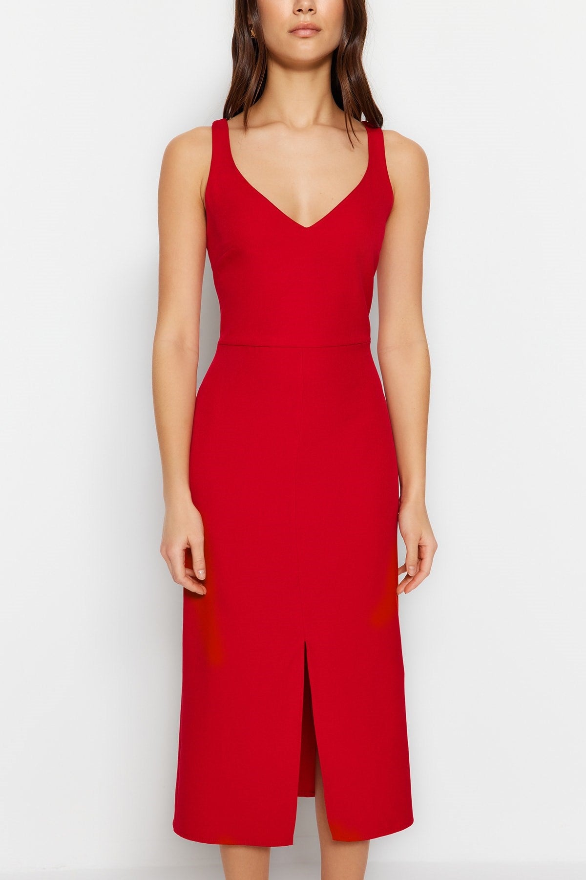 Red Belted Body-fitting Slit Detailed Midi Woven Dress Twoss23el02262