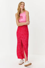 Pink Animal Print Slit Detailed Maxi Length Woven Skirt Twoss24et00003