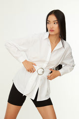 White Belted Buckle Detailed Woven Cotton Shirt Twoaw20go0099