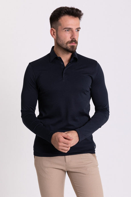 Solid Navy Color Slim Fit Long Sleeve Polo Collar Men's T-shirt 36672.21k