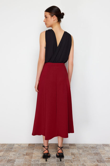 Burgundy Flared Maxi Flexible Knit Skirt Twoss24et00156