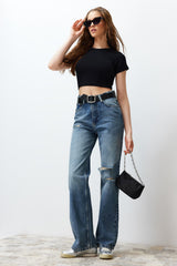 Blue More Sustainable Ripped High Waist Wide Leg Jeans Twoss24je00198