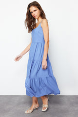 Indigo Skirt Slit Cotton Blend Maxi Woven Dress Twoss24el00386