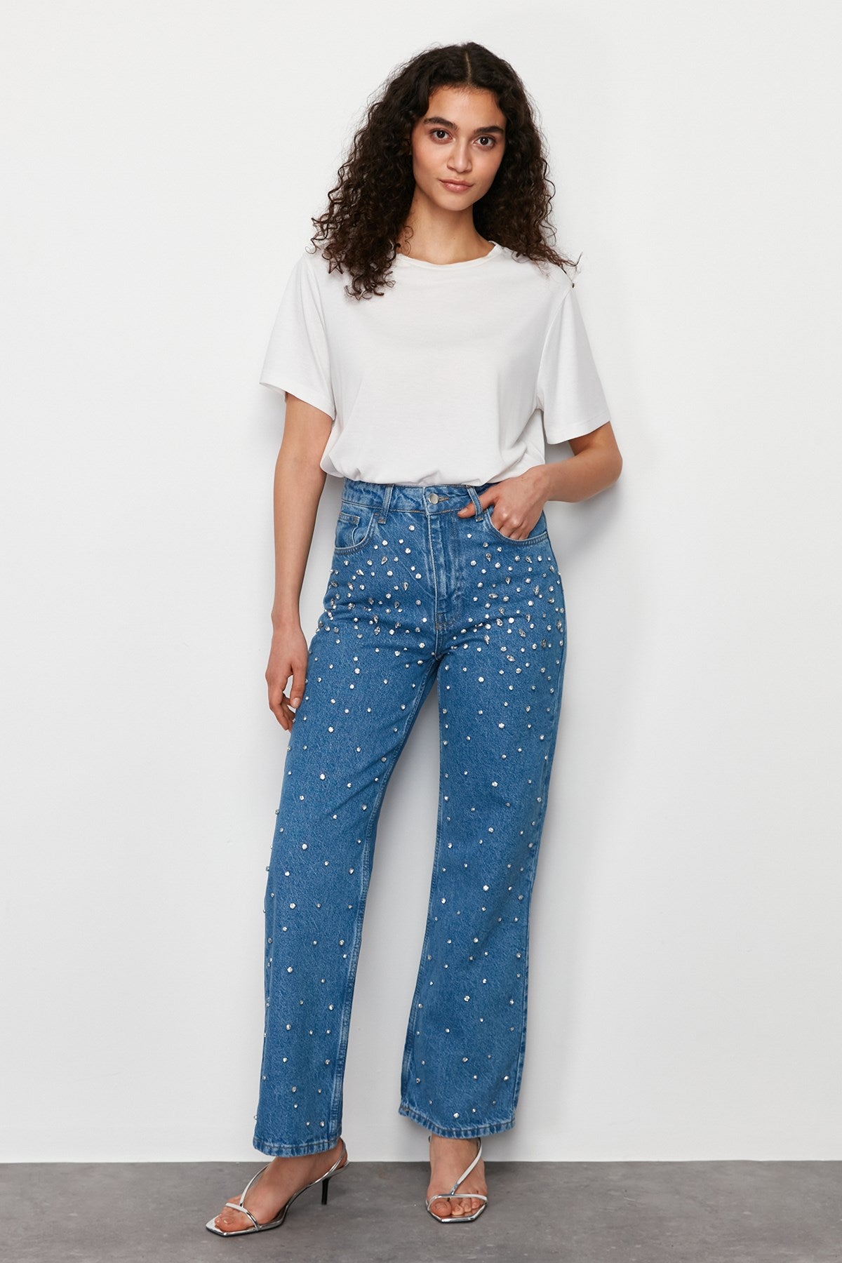 Blue Stone Detailed High Waist Wide Leg Jeans Twoss24je00225