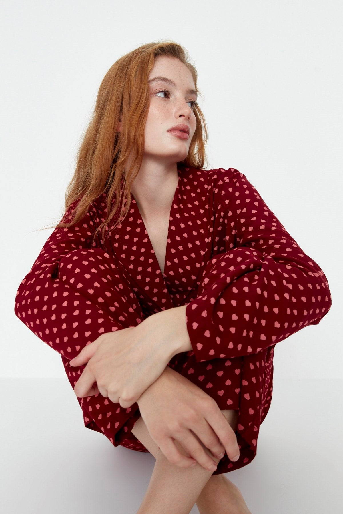 Powder Heart Pattern Drawstring Detailed Shirt-pants Woven Sleepwear Set Thmaw22pt0300