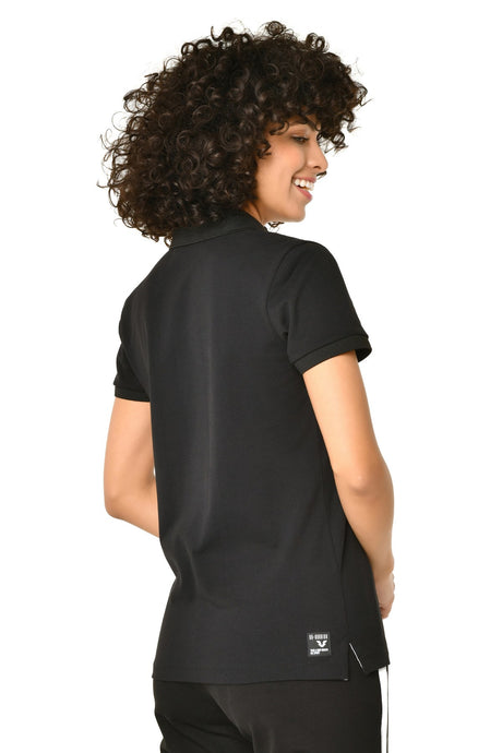 Women's Black Cotton Polo Neck Basic Solid Color Short Sleeve Casual And Sports T-shirt 8719 Tb21wl0