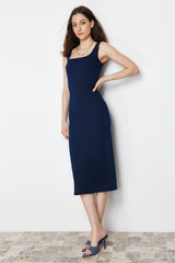 Dark Blue Stitching Detailed Denim Midi Dress Twoss24el00380