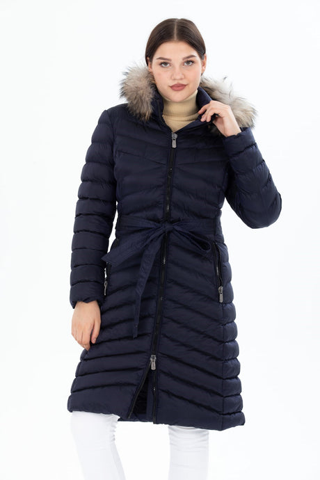 Women's Long Removable Fur Hooded Padded Waist Belt Waterproof Inflatable Coat 8529 1001m8529