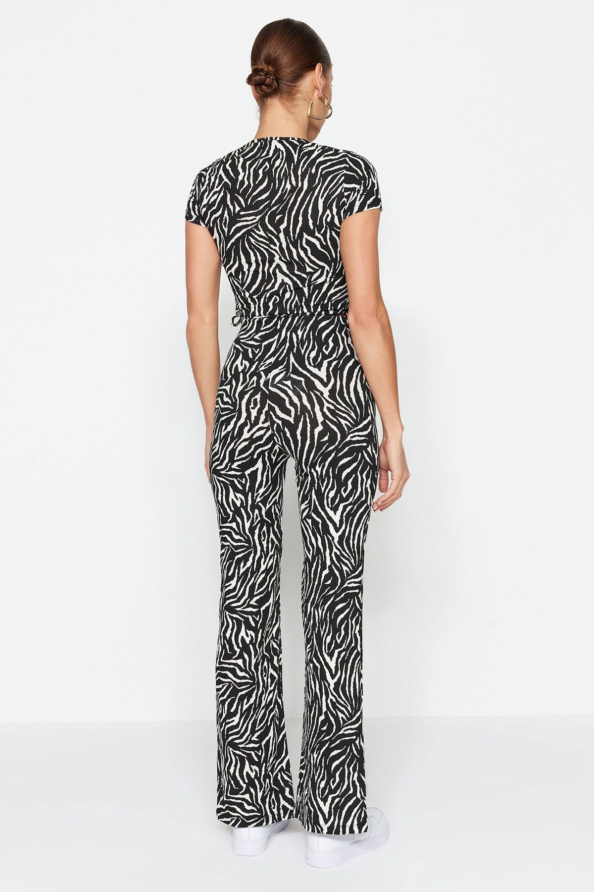 Black Zebra Pattern Slit Detailed High Waist Straigth Knitted Pants Twoss22pl0243