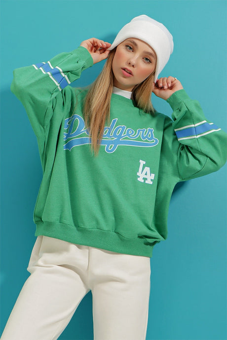 Women's Sky Blue Crew Neck Dodgers Printed Sleeve Striped Sweatshirt Alc-x8960