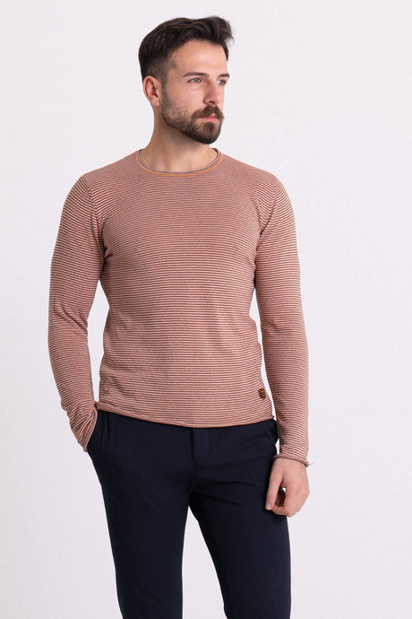 Striped Camel Color Slim Fit Long Sleeve Crew Neck Men's Sweater 11333.20k