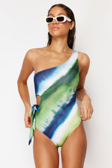 Striped One Shoulder Tie High Leg Regular Swimsuit Tbess24ma00145